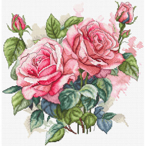 Eine detailreiche Letistitch-Stickpackung mit einem Strauß rosa Rosen. Das Design besteht aus zwei großen, voll erblühten Rosen und einigen kleineren Knospen, umgeben von grünen Blättern. Der Hintergrund hat einen subtilen Pastellton, der die leuchtenden Farben der Blüten und Blätter hervorhebt.