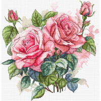 A detailed Letistitch embroidery pack with a bouquet of pink roses. The design consists of two large, fully bloomed roses and some smaller buds surrounded by green leaves. The background has a subtle pastel tone that highlights the bright colors of the flowers and leaves.