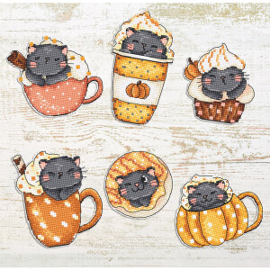 Six embroidered patches, each featuring a cute black cat in a variety of autumnal foods and drinks: two cups of whipped cream, a pumpkin spice cup, a cupcake, a slice of pie and a pumpkin with whipped cream on a wooden background. Perfect for any Letistitch stick pack collection!