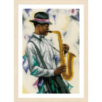 A colorful illustration of a man with a black fedora, white shirt, black suspenders and black bow tie playing a golden saxophone. The background contains abstract splashes of color, including shades of purple, blue and yellow. The picture is framed with a light-colored wooden frame that complements the Lanarte embroidery pack beautifully.