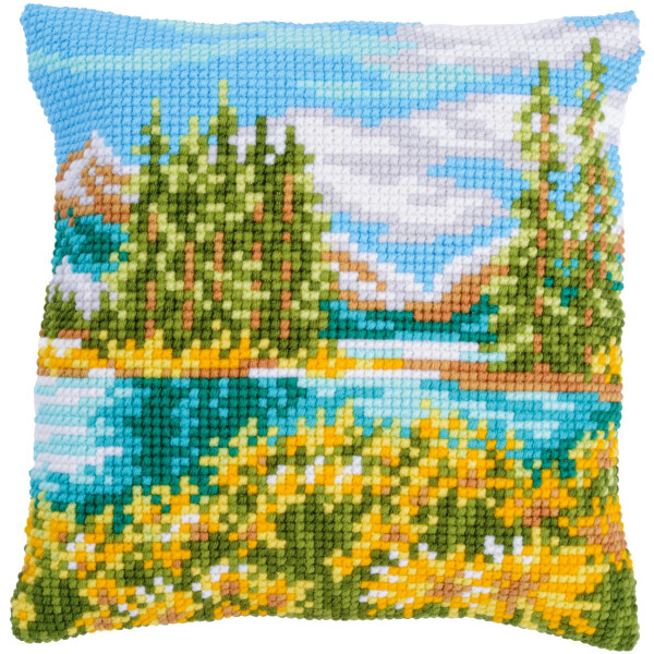 Vervaco stamped cross stitch kit cushion "Landscape with lake", 40x40cm, DIY