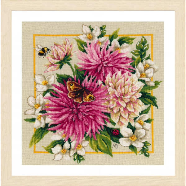 A detailed embroidery artwork, ideal for Lanarte embroidery kits or any embroidery kit lover, features pink and white flowers, green leaves and a yellow border. A butterfly sits on one of the pink flowers, while a bumblebee hovers in the top left corner. The light beige fabric background complements the design beautifully.