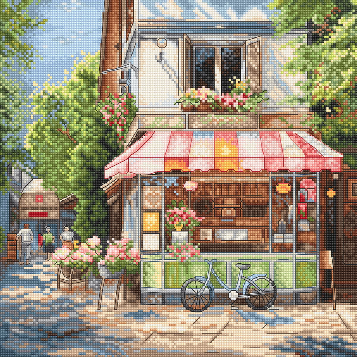 A vibrant, cross-stitched artwork of a charming street...