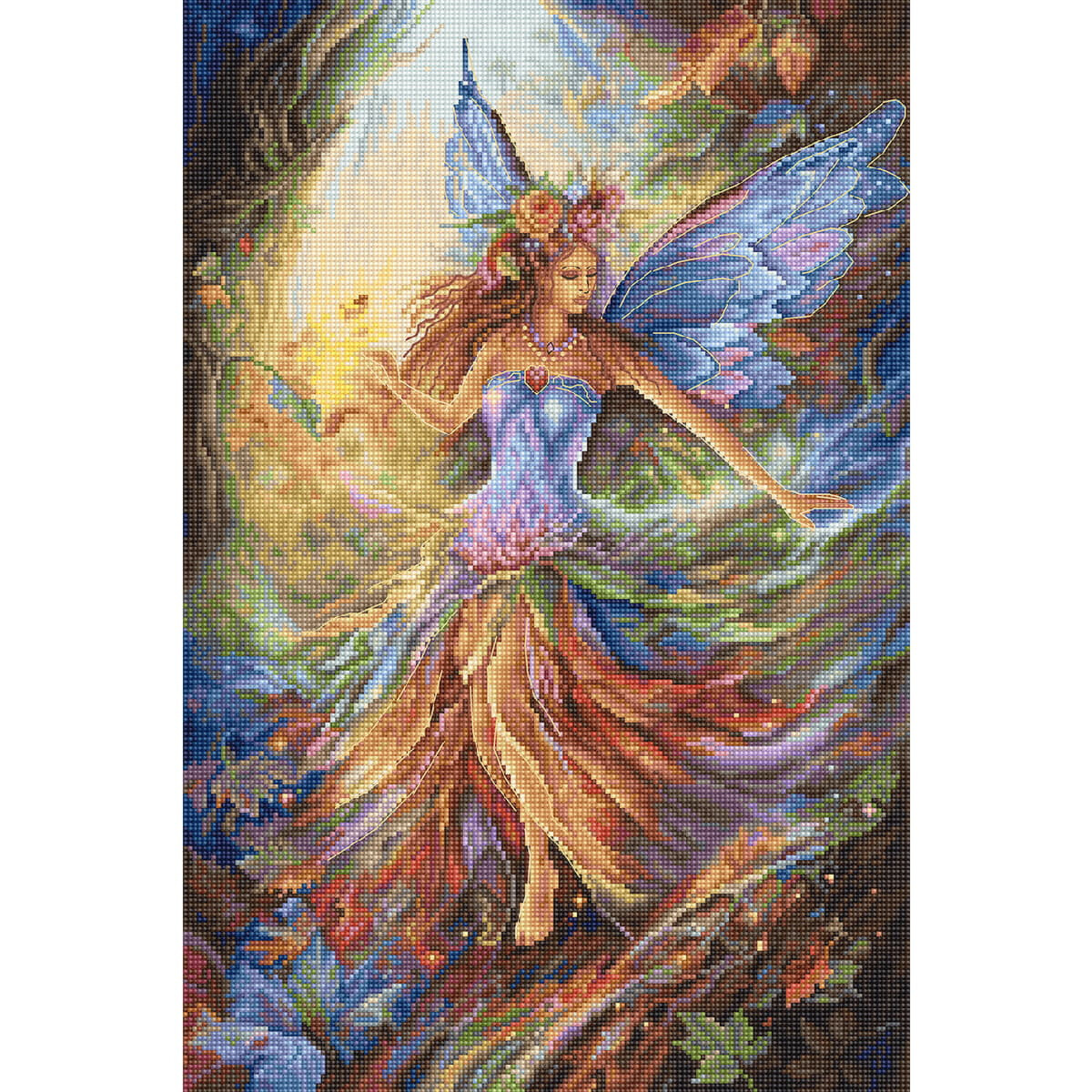 A colorful mosaic picture of a fairy with long flowing...