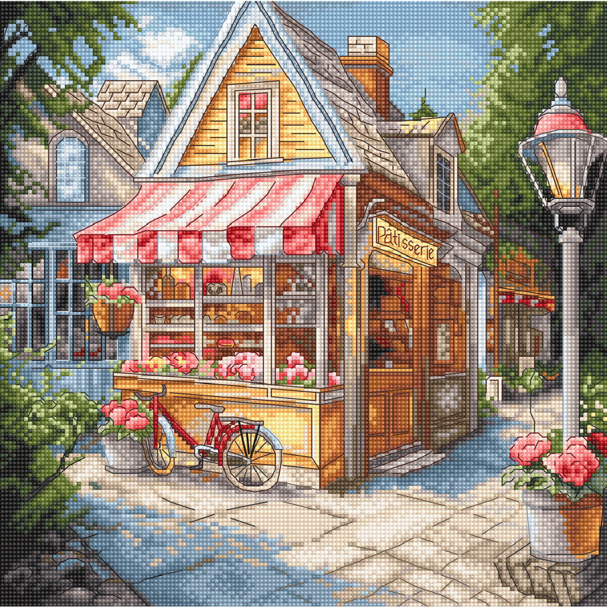 An illustration of a quaint patisserie with a red and...
