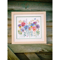 Vervaco counted cross stitch kit "Pansies and Grasses, Evenweave fabric", 29x28cm, DIY