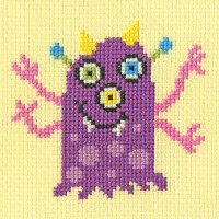 Eine farbenfrohe Stickpackung von Bothy Threads mit einem verspielten, einäugigen lila Monster mit breitem Lächeln und kleinen Reißzähnen. Es hat gelbe Hörner, drei gewellte Arme in Rosatönen und ungleiche, cartoonhafte Augen – eines grün und eines blau. Der Kreuzstich-Hintergrund ist einfarbig hellgelb.