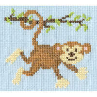 The Bothy Threads embroidery packing pattern shows a brown monkey with a cream-colored face, hands, feet and ears. The playful monkey hangs by its curly tail from a leafy branch against a light blue background. The smiling monkey adds a whimsical touch to this charming embroidery pack design.