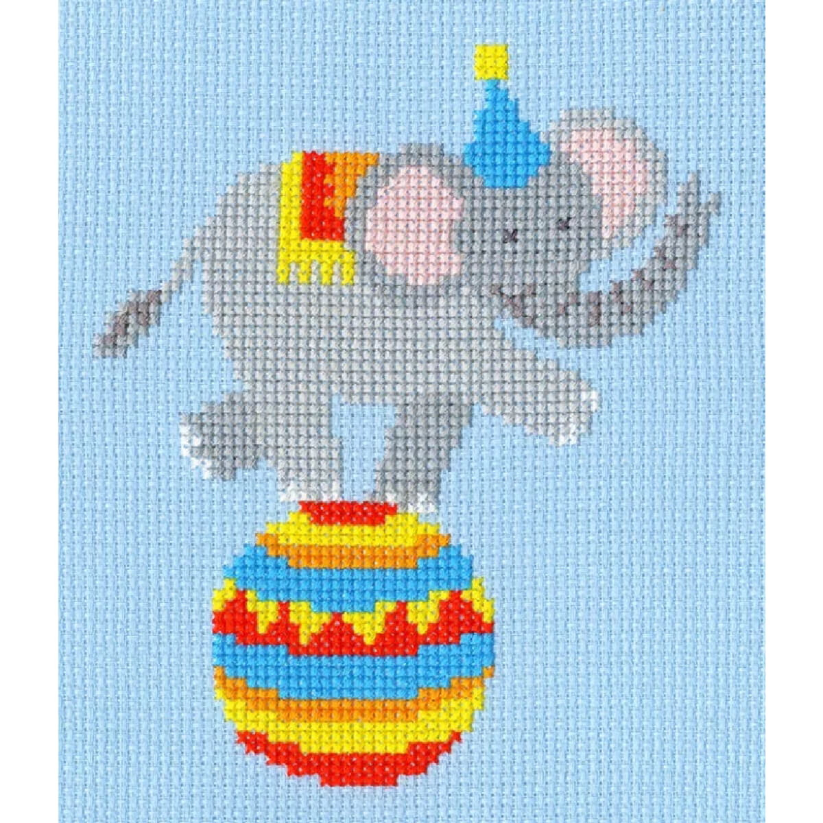 Eine farbenfrohe Stickpackung mit einem Zirkuselefanten,...