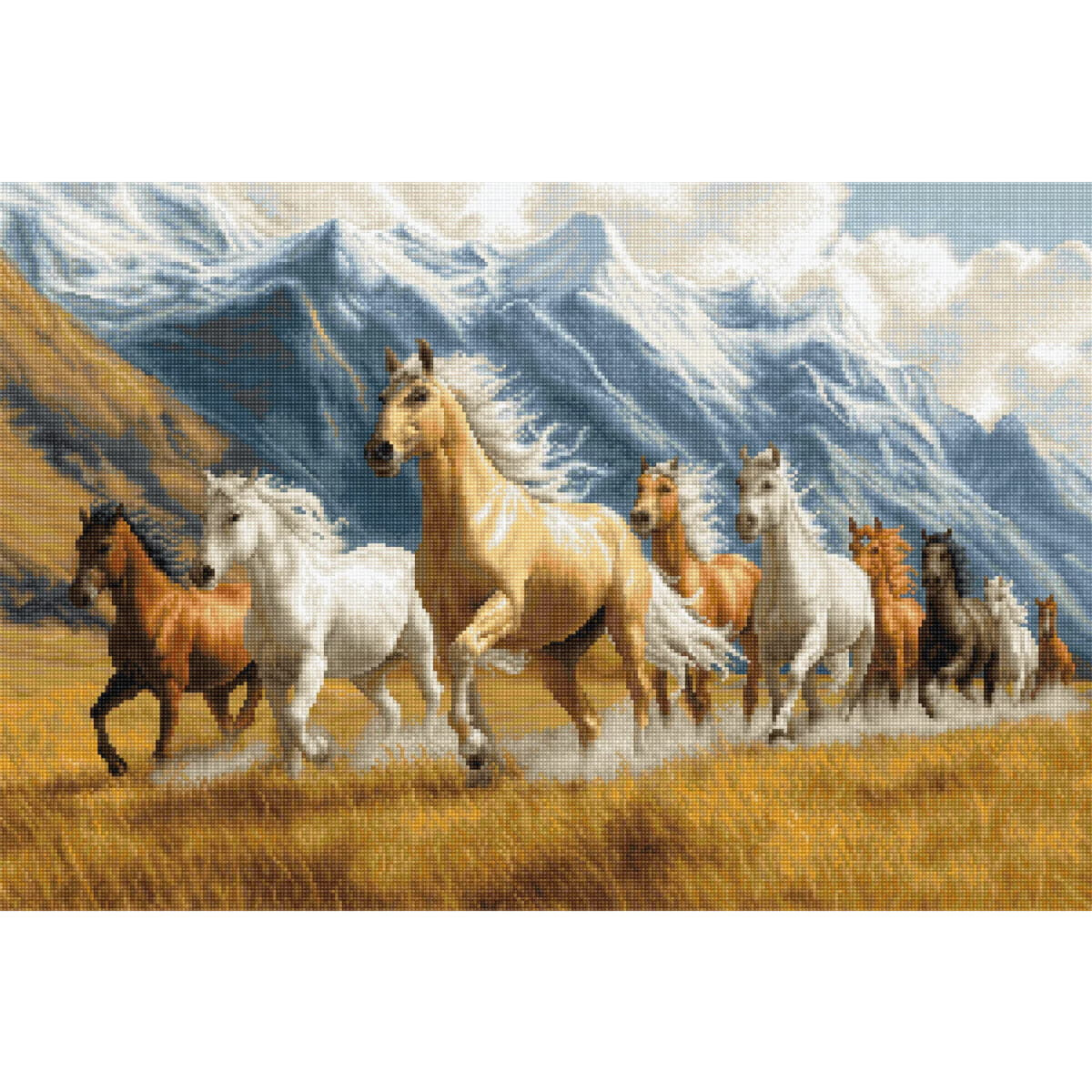 A herd of horses gallops across a golden field with...
