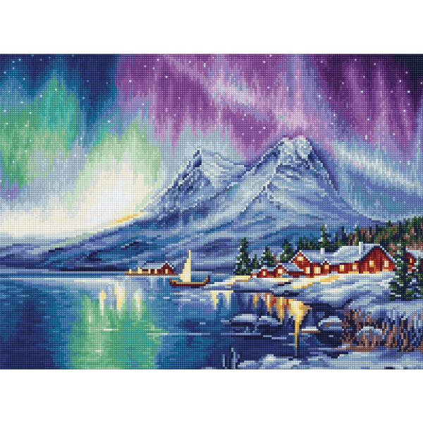 A tranquil winter landscape shows snow-covered huts along a riverbank. In the background, towering, snow-capped mountains rise beneath a brilliant aurora borealis that illuminates the night sky in shades of green, purple and blue. The scene resembles a flawless cross-stitch pattern from a Lucas embroidery pack with shimmering reflections in the calm river.