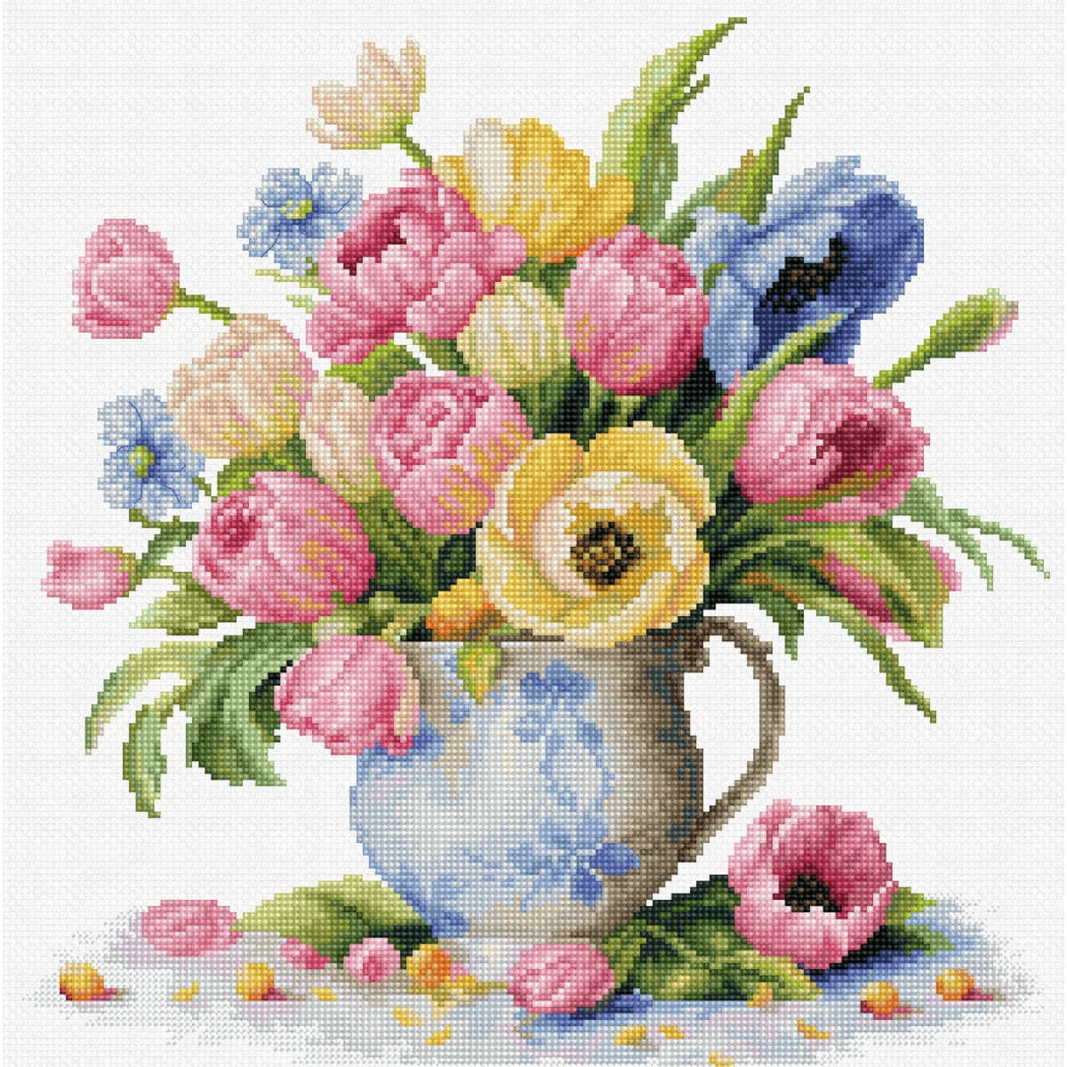 A vibrant cross stitch artwork featuring a blue and white...