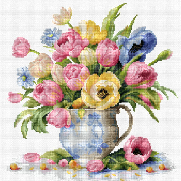 Een levendig kruissteekkunstwerk met een blauwwitte keramieken vaas gevuld met een kleurrijk boeket bloemen. De bloemen zijn roze en gele tulpen, blauwe anemonen en groen gebladerte. Een paar bloemblaadjes en kleine bloemknoppen zijn verspreid over de basis van de vaas, wat charme toevoegt aan dit meesterwerk van Stickpackung by Luca.
