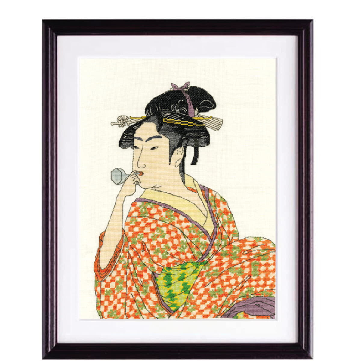 A framed work of art that resembles classic Japanese...