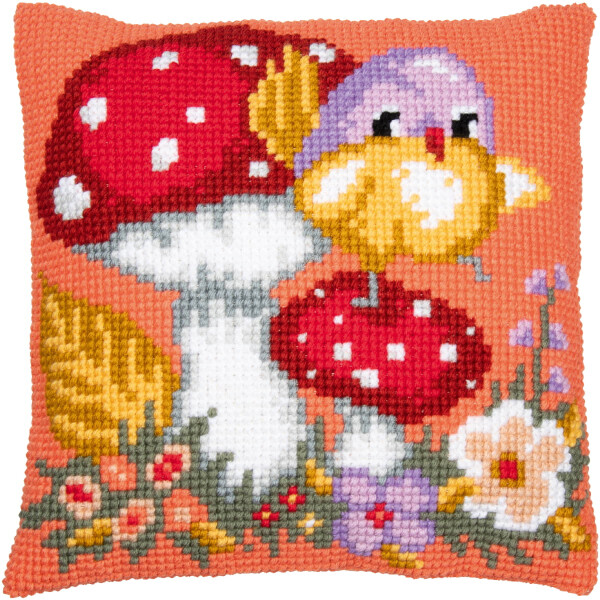 Vervaco stamped cross stitch kit cushion "Bird on Mushroom", 40x40cm, DIY