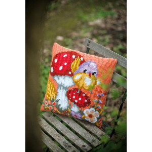 Vervaco stamped cross stitch kit cushion "Bird on Mushroom", 40x40cm, DIY