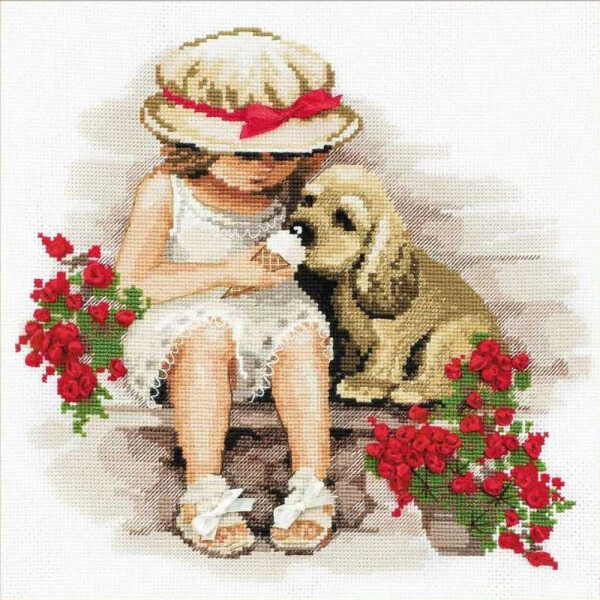Riolis borduurset meisje met hond, getelde kruissteek, telpatroon