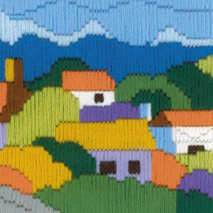 Riolis Langstich-Set "Stadt in den Bergen", Stickbild vorgezeichnet