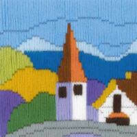 Riolis Langstich-Set "Stadt in den Bergen", Stickbild vorgezeichnet