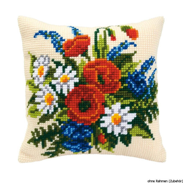 Almohada de punto de cruz Vervaco "Bouquet de flores", patrón de bordado dibujado