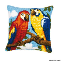 Cuscino a punto croce Vervaco "Due pappagalli", ricamo disegnato