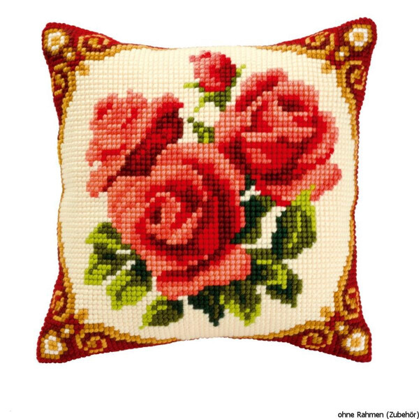 Almohada Vervaco de punto de cruz "Rosas rojas", diseño de bordado dibujado
