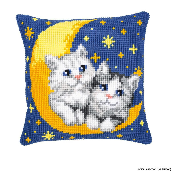 Vervaco stamped cross stitch kit cushion Cats on the moon, DIY