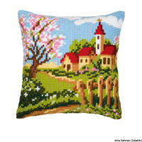 Подушка для вышивания крестом Vervaco "Весенняя деревня", дизайн вышивки предварительно нарисован