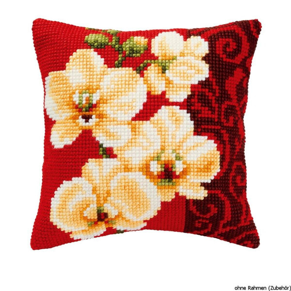Almohada de punto de cruz Vervaco "Orquídeas blancas", diseño de bordado dibujado