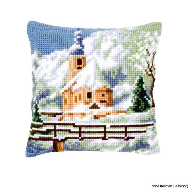 Vervaco stamped cross stitch kit cushion Church in the snow, DIY