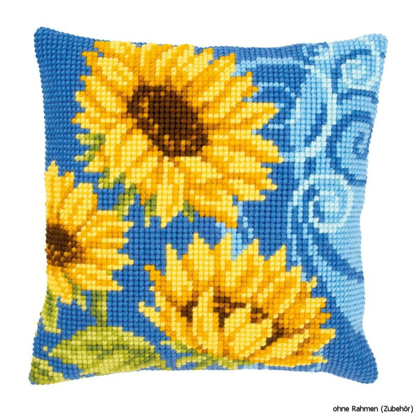 Vervaco stamped cross stitch kit cushion Sunflowers on blue, DIY