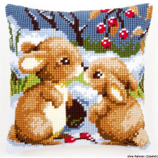 Vervaco Kreuzstichkissen "Kaninchen im Schnee", Stickbild vorgezeichnet