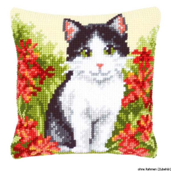Vervaco stamped cross stitch kit cushion Cat in flower field, DIY
