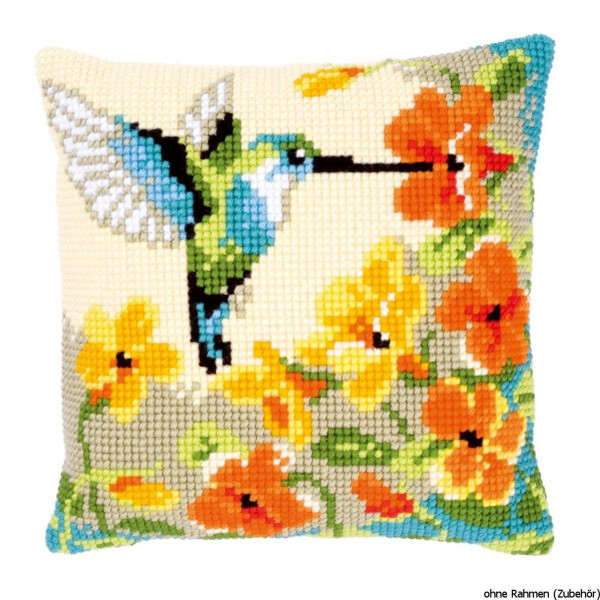 Vervaco stamped cross stitch kit cushion Hummingbird with flowers, DIY