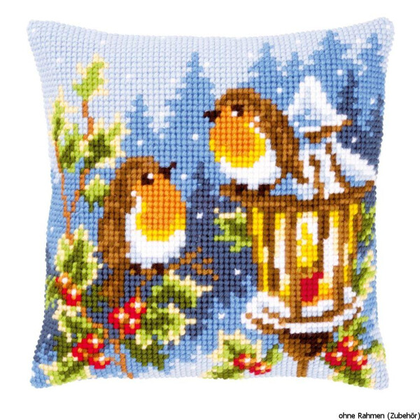 Vervaco stamped cross stitch kit cushion Robins at the lantern, DIY