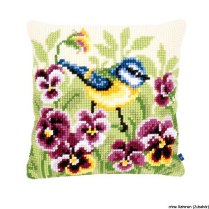 Vervaco stamped cross stitch kit cushion Blue tit on pansies, DIY