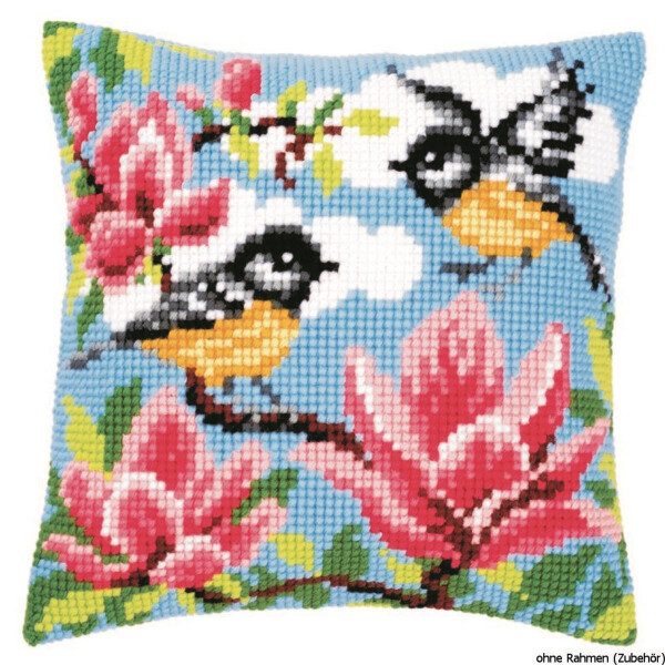 Almohada de punto de cruz Vervaco "Titmice y Magnolias", diseño de bordado dibujado