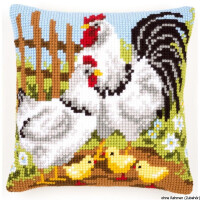 Cuscino a punto croce Vervaco "Famiglia di polli in fattoria", disegno di ricamo disegnato