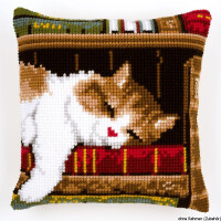 Vervaco stamped cross stitch kit cushion Cat sleeping on bookshelf, DIY