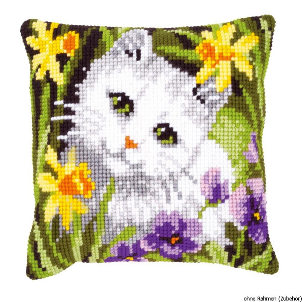 Vervaco stamped cross stitch kit cushion White cat in daffodils, DIY