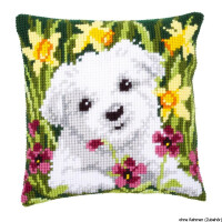 Vervaco stamped cross stitch kit cushion Westie in daffodils, DIY