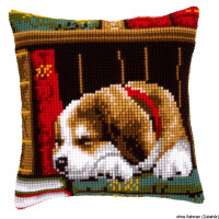 Vervaco stamped cross stitch kit cushion Dog sleeping on bookshelf, DIY
