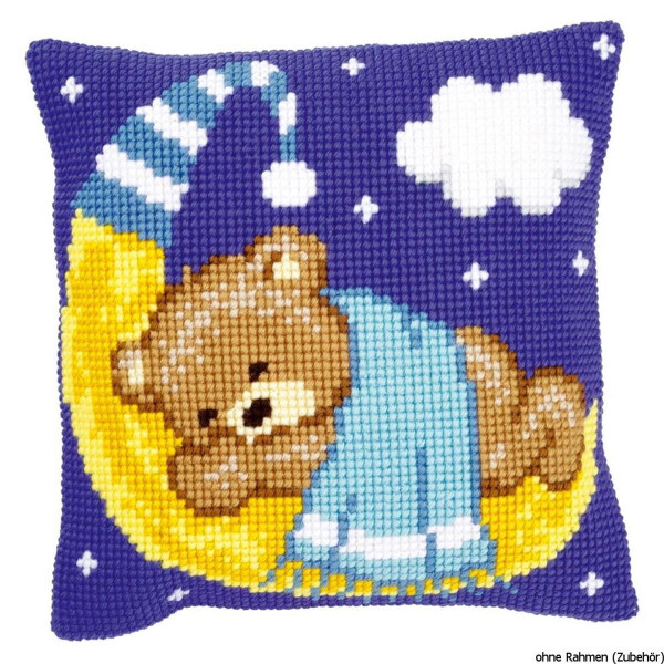 Vervaco stamped cross stitch kit cushion Bear on the moon blue, DIY