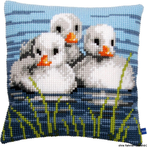 Almohada de punto de cruz Vervaco "Chicks in water", patrón de bordado dibujado