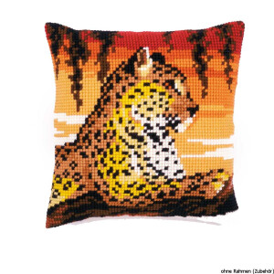 Cuscino a punto croce Vervaco "Leopardo al tramonto", ricamo disegnato