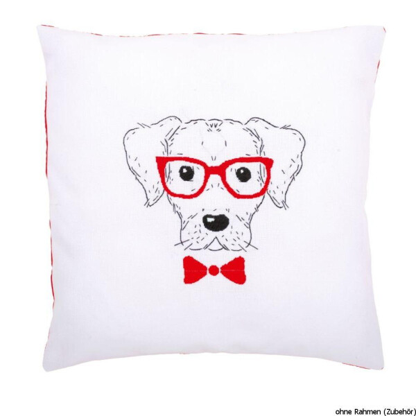 Vervaco borduurkussen met kussenrug "Hond met bril", borduurmotief getekend