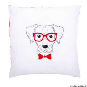 Auslaufmodell Vervaco Stickkissen mit Kissenrücken "Hund mit Brille", Stickbild vorgezeichnet