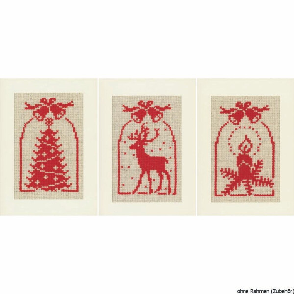 Tarjetas de felicitación Vervaco "Ciervo, vela, árbol de Navidad", set de 3, patrón de conteo