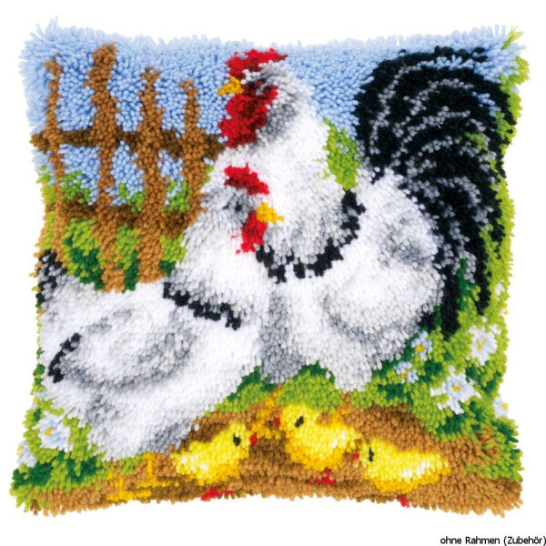 Vervaco Latch hook kit cushion Chicken family on a farm, DIY