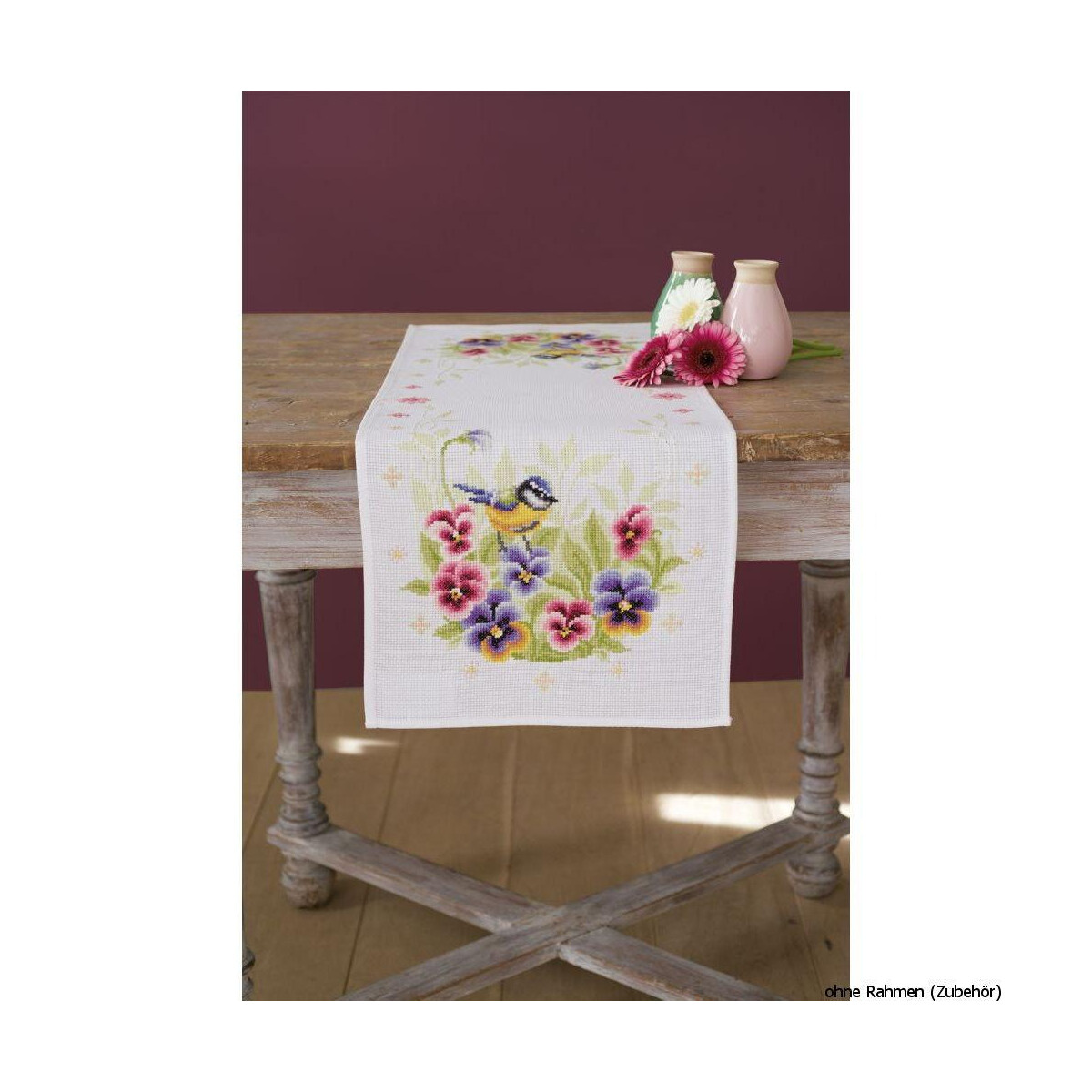 Vervaco table runner "Blue tit and pansy",...